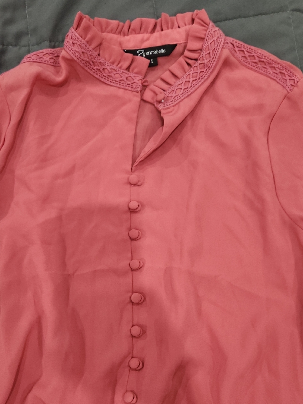 Annabelle Coral Pink Ruffle-Neck Button-Front Blouse